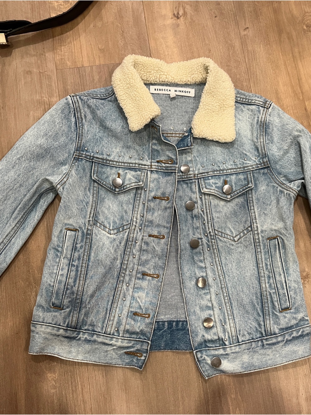 Rebecca Minkoff Light Blue Denim Jacket with Cream Sherpa Collar and Studs